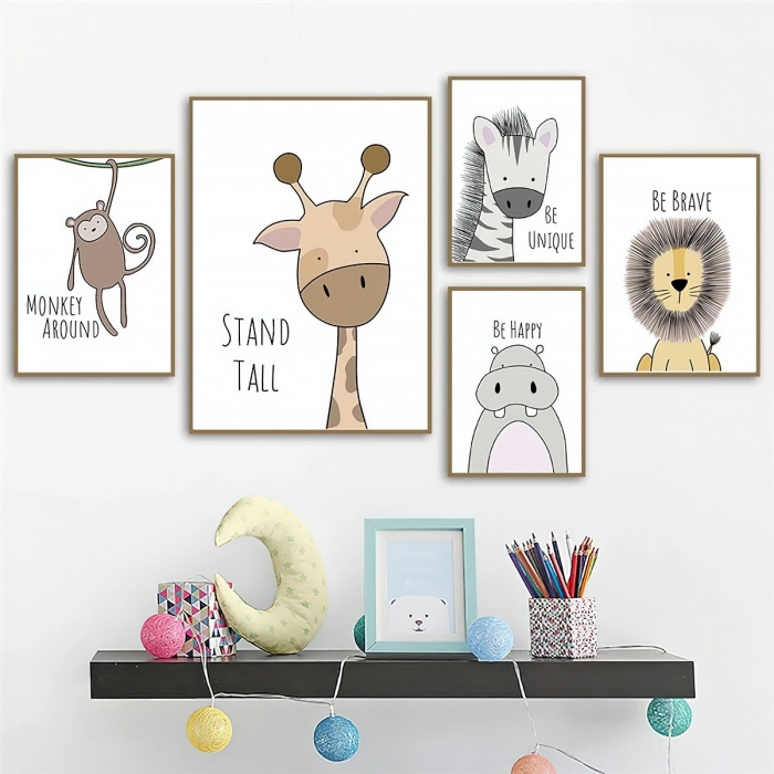 Lámina decorativa infantil con animales y frases motivadoras para enmarcar