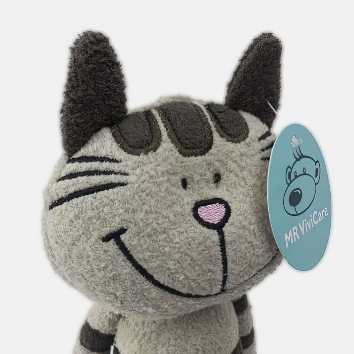 Gato de peluche gris bordado
