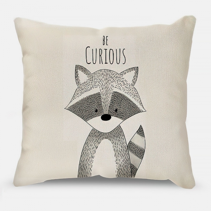 funda cojin dibujo mapache frase be curious